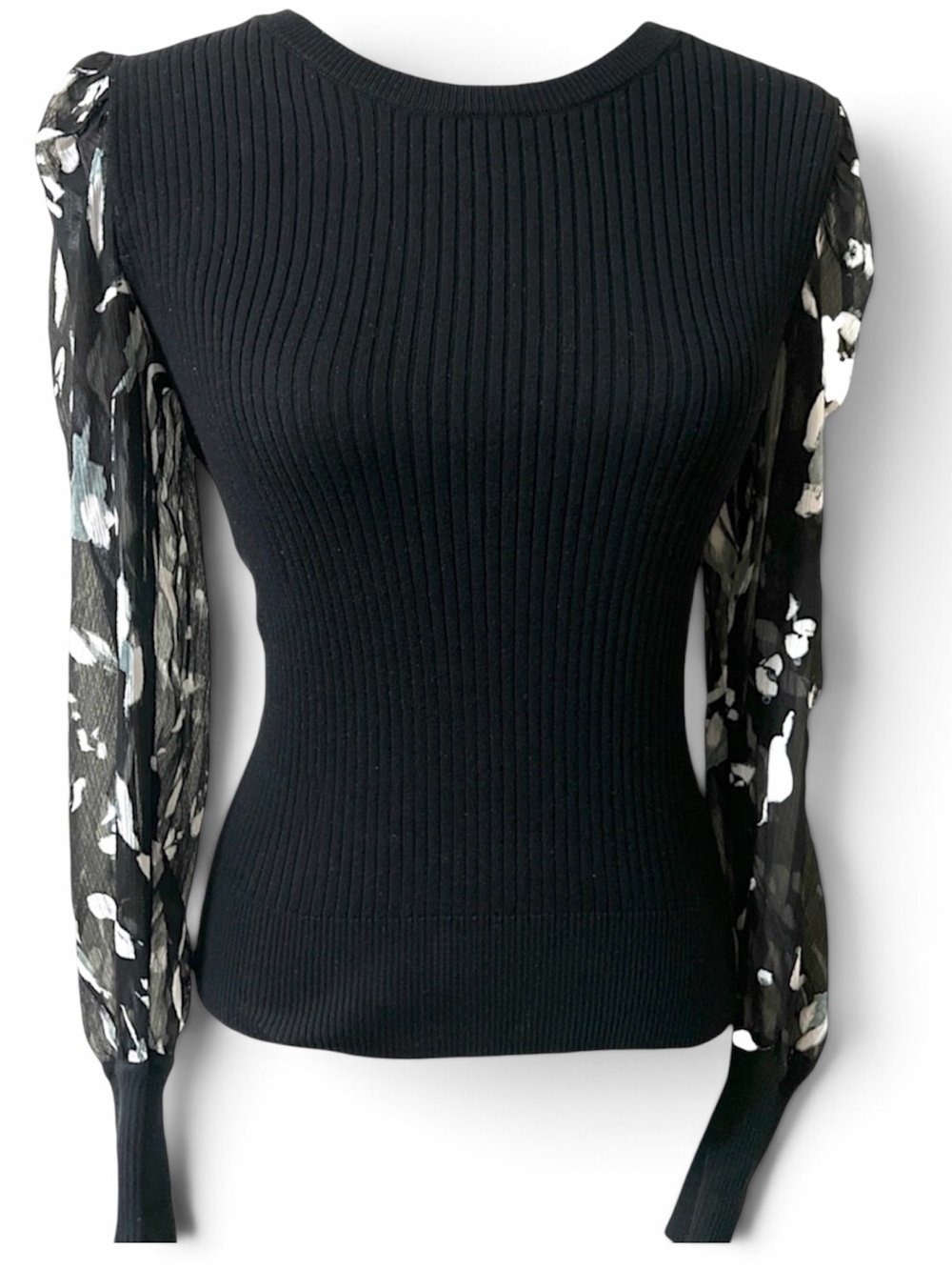 DKNY Floral Print Sheer Long Sleeve Ribbed Knit sweater Top small NWT